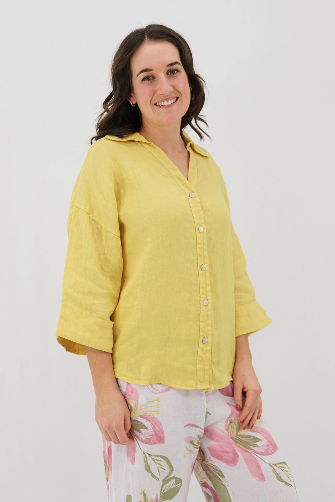 Aida Rose Linen Kierra 3/4 Button Up Shirt Tuscan Sun Side