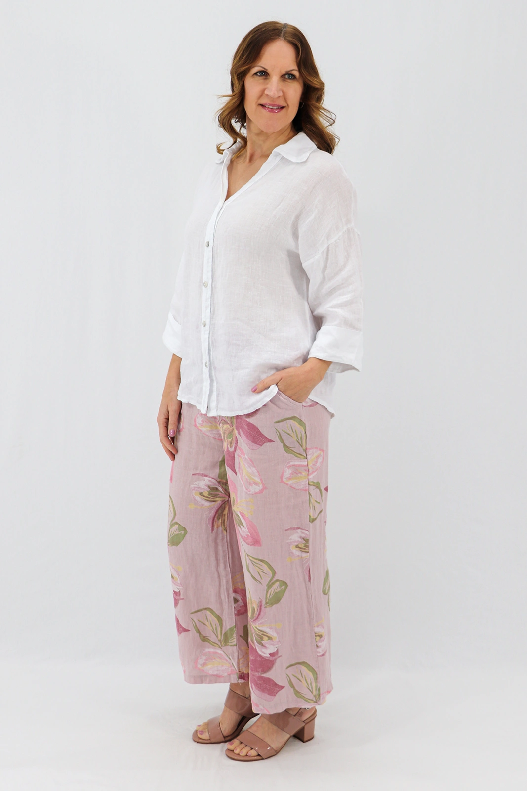 Aida Rose Linen Kierra 3/4 Button Up Shirt White Side