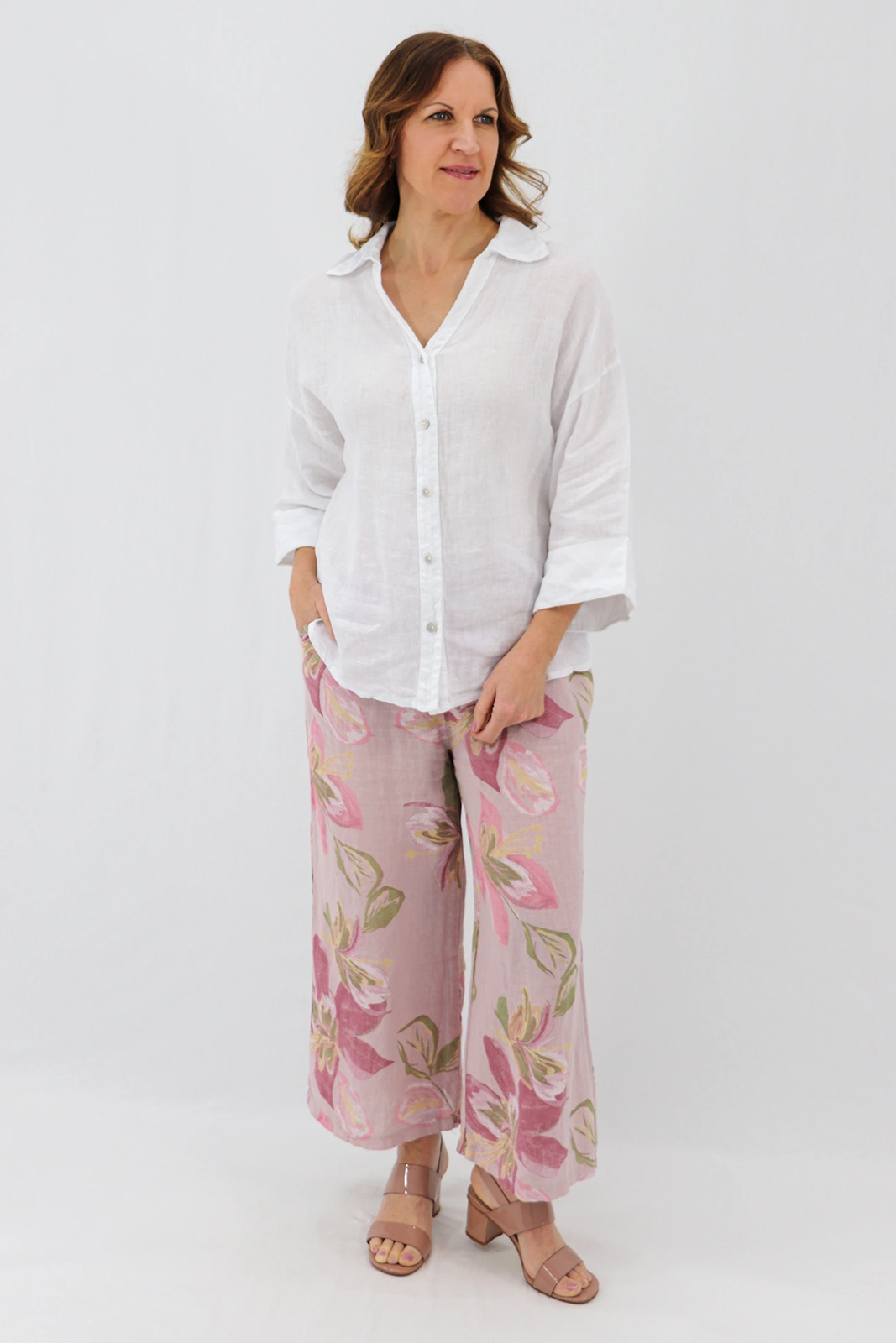 Aida Rose Linen Kierra 3/4 Button Up Shirt White