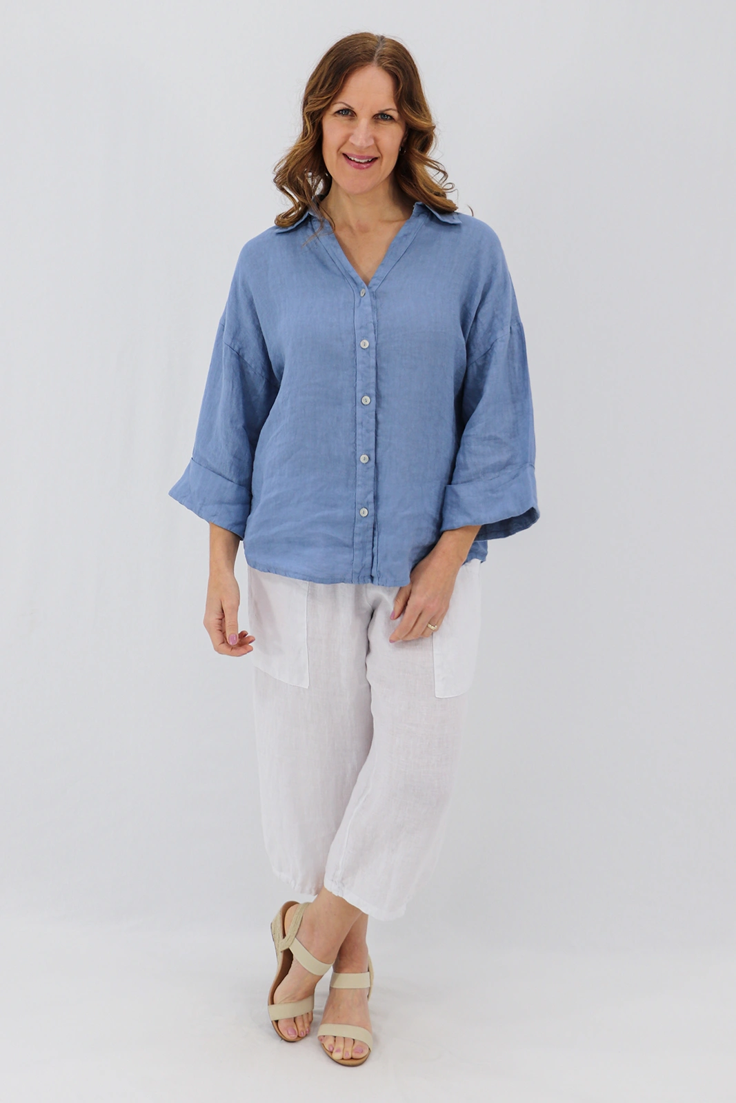 Aida Rose Linen Kierra 3/4 Button Up Shirt Denim
