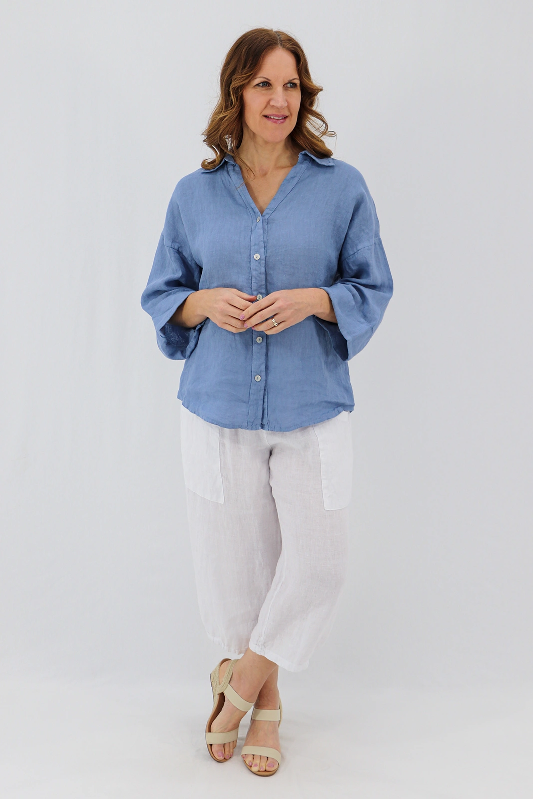 Aida Rose Linen Kierra 3/4 Button Up Shirt Denim Model