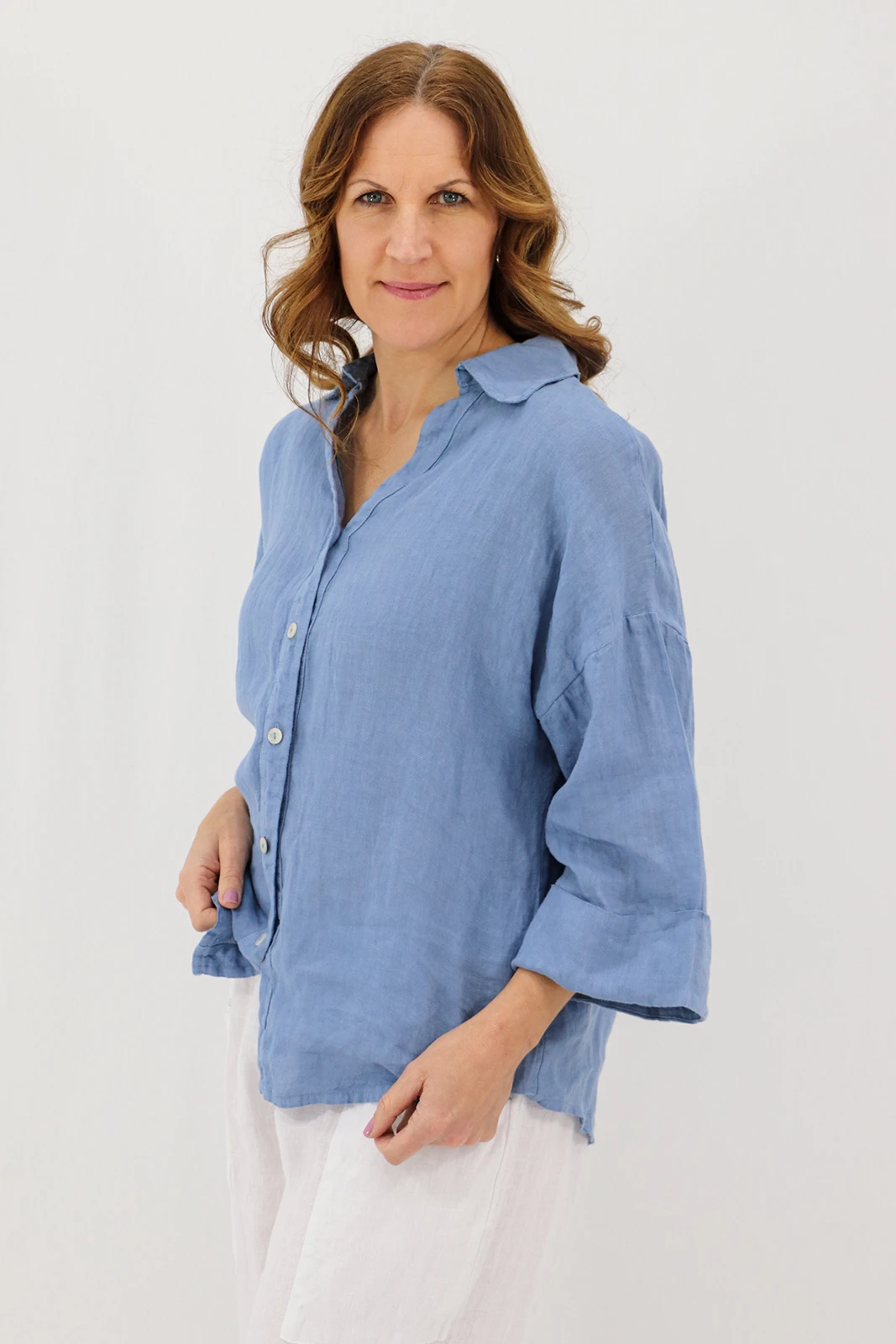 Aida Rose Linen Kierra 3/4 Button Up Shirt Denim Side