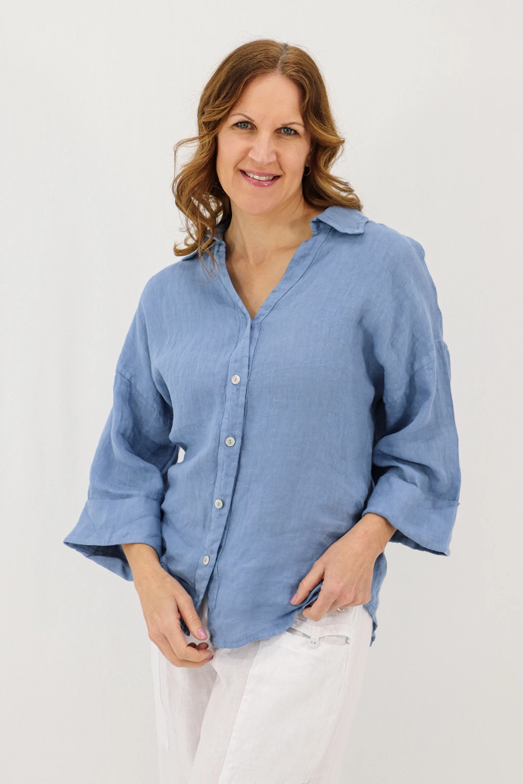 Aida Rose Linen Kierra 3/4 Button Up Shirt Denim Front