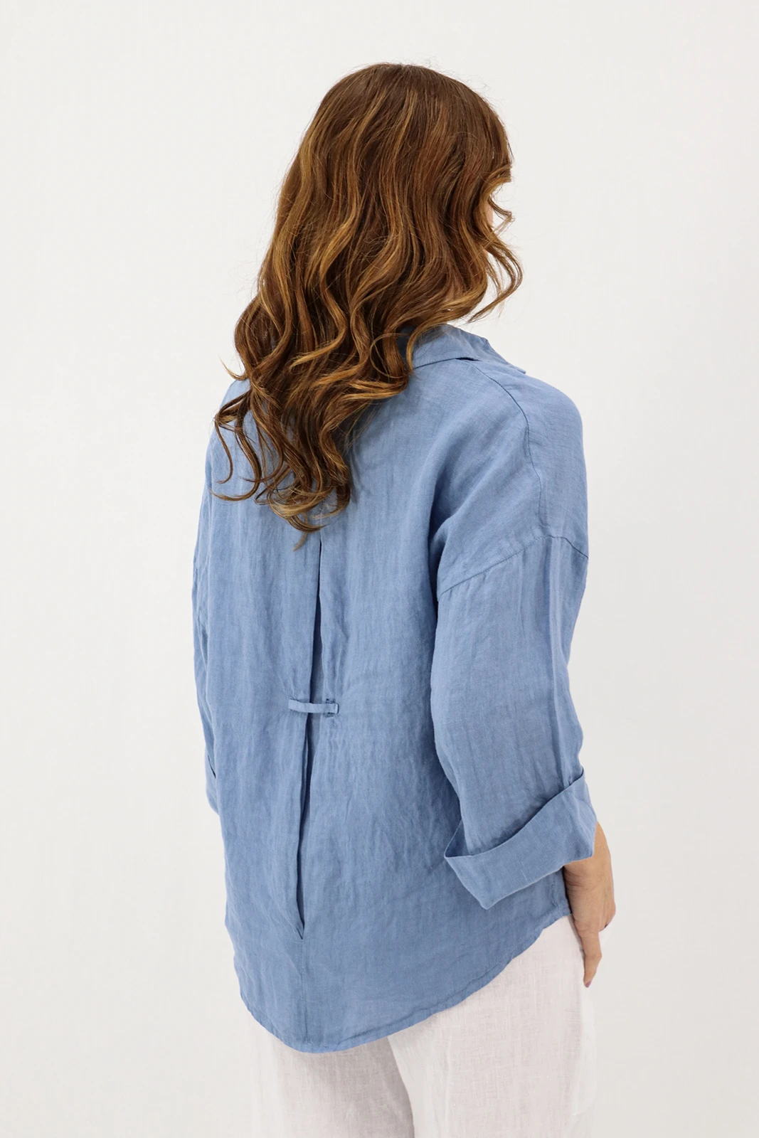Aida Rose Linen Kierra 3/4 Button Up Shirt Denim Back