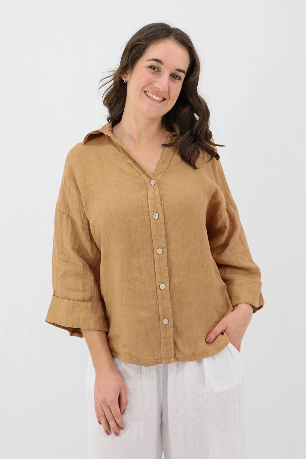 Aida Rose Linen Kierra 3/4 Button Up Shirt Tan Front