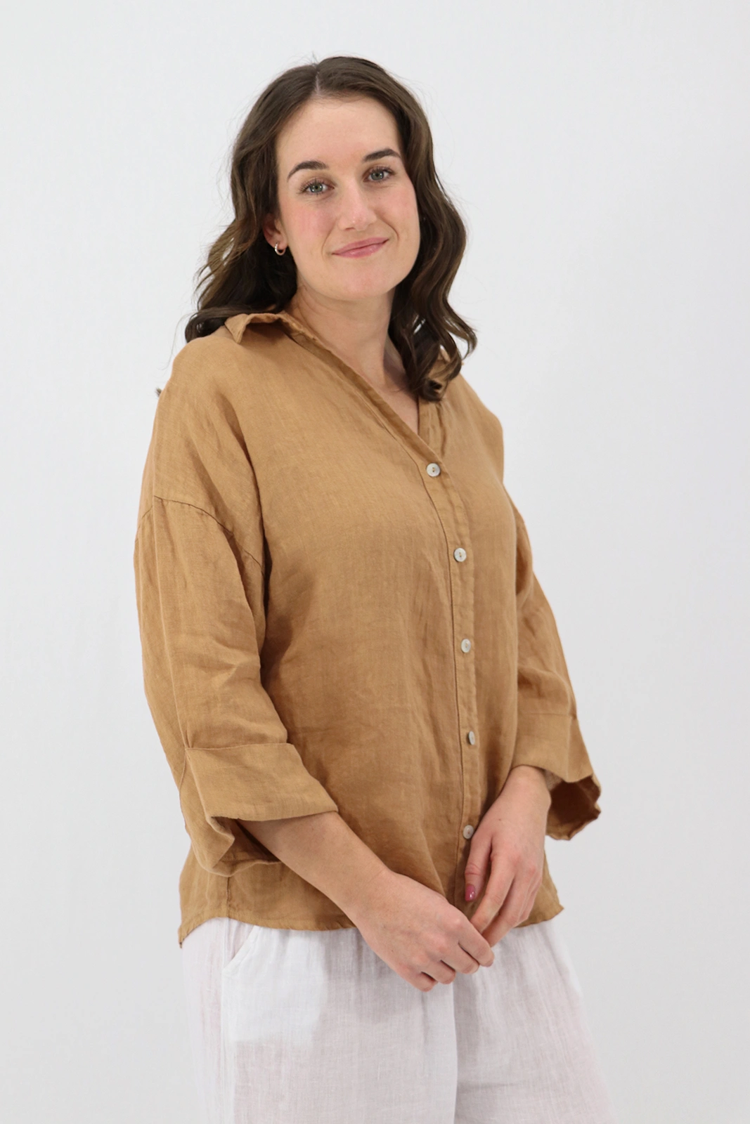 Aida Rose Linen Kierra 3/4 Button Up Shirt Tan Side