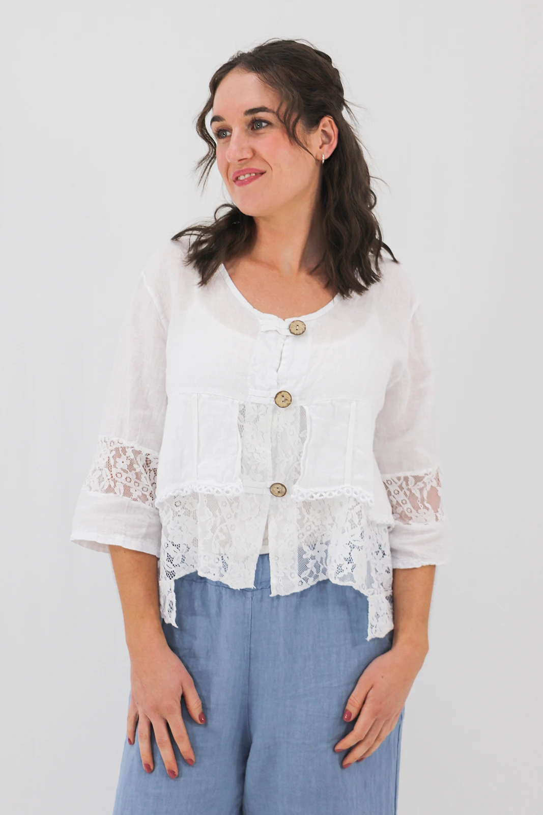 Aida Rose Linen Cosetta Lace Jacket White Front