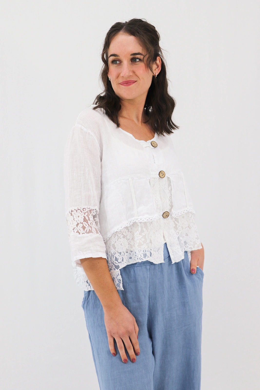 Aida Rose Linen Cosetta Lace Jacket White Side