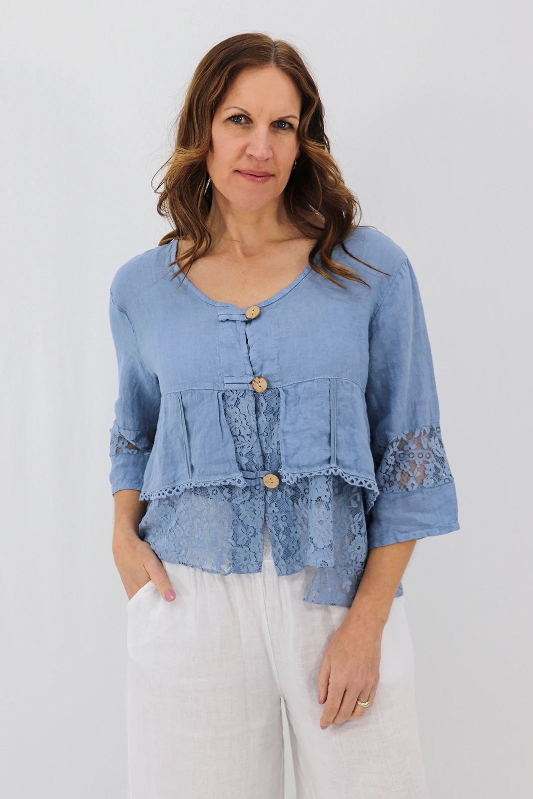 Aida Rose Linen Cosetta Lace Jacket Denim
