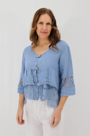 Aida Rose Linen Cosetta Lace Jacket Denim Front