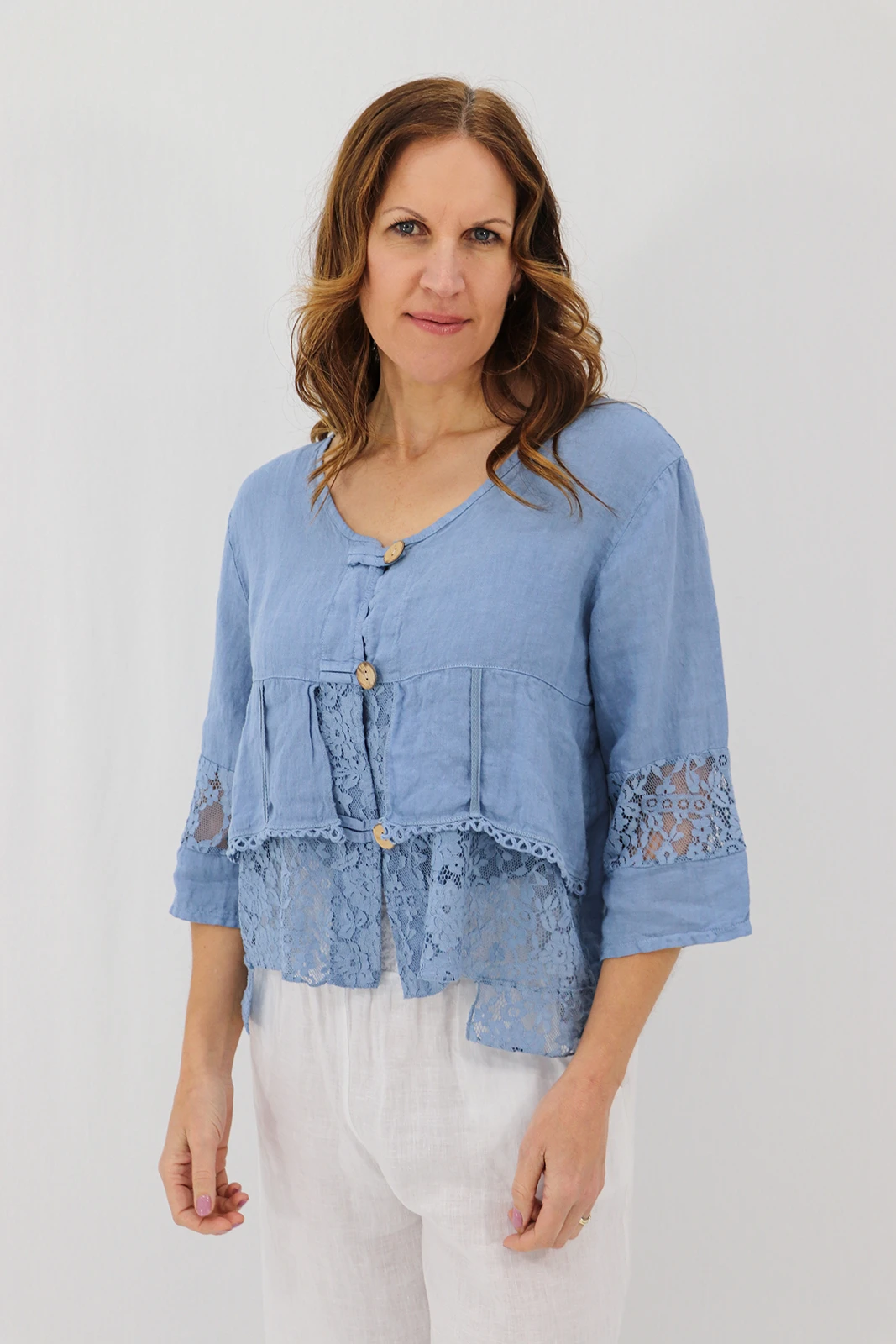 Aida Rose Linen Cosetta Lace Jacket Denim Front