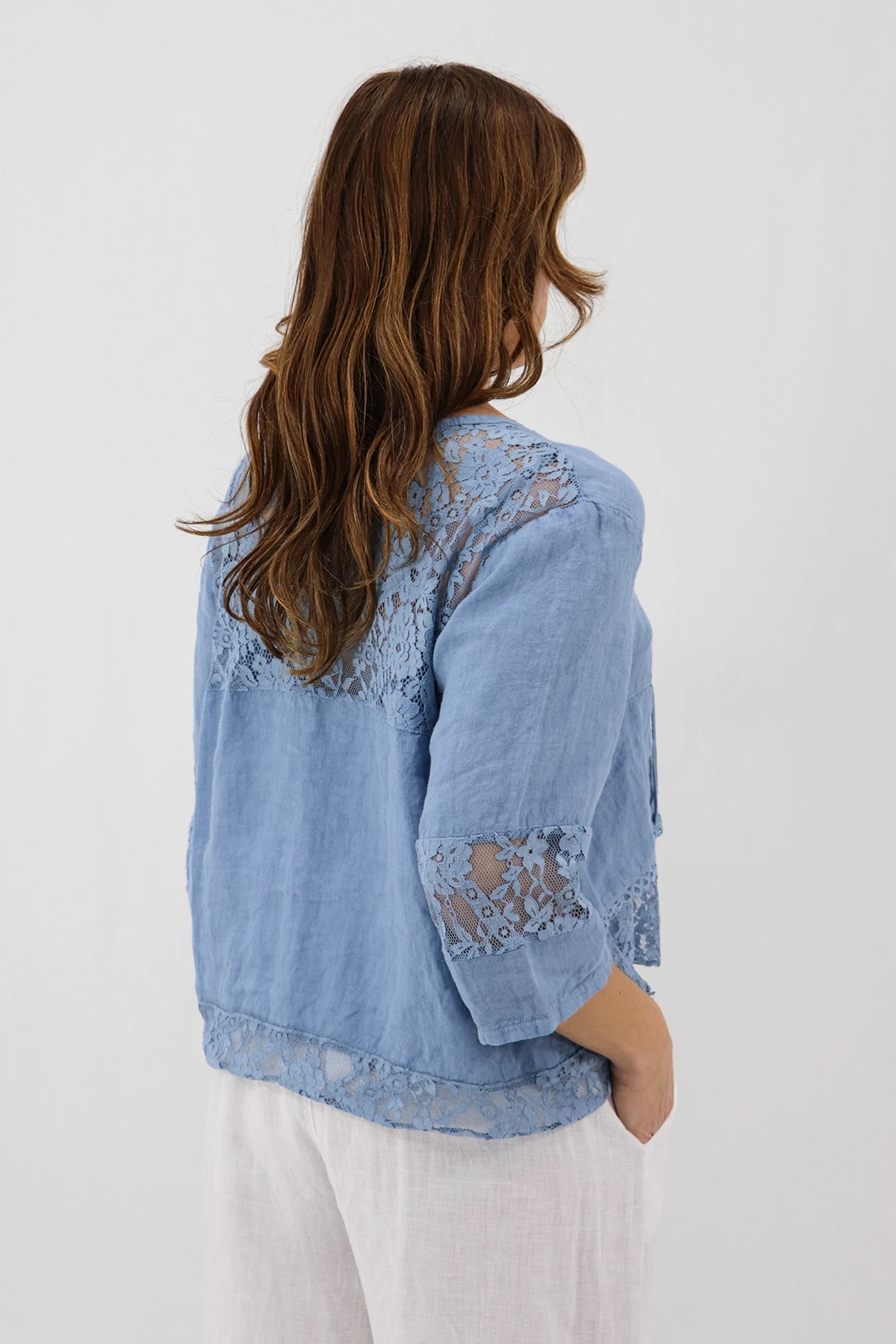 Aida Rose Linen Cosetta Lace Jacket Denim Back