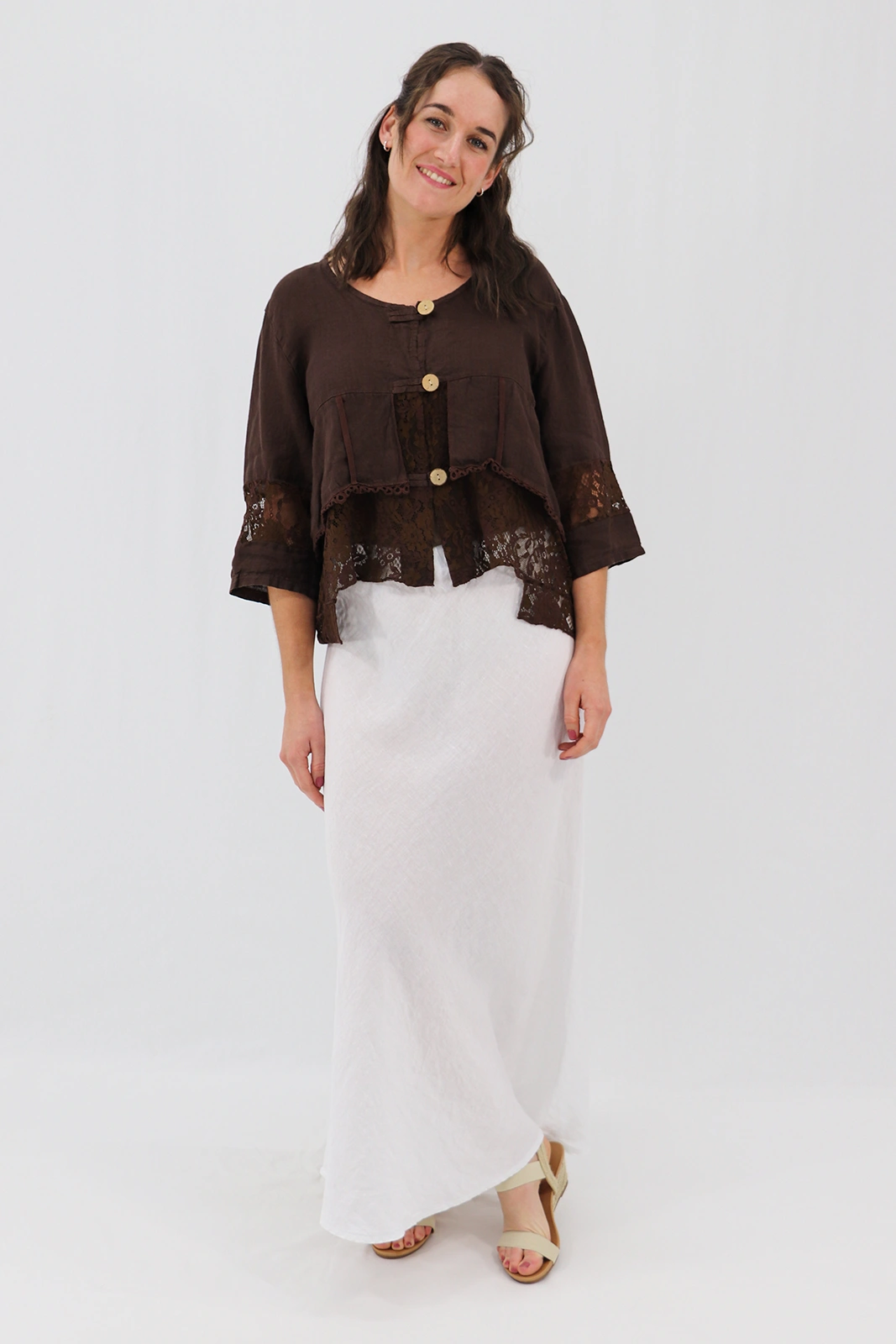 Aida Rose Linen Cosetta Lace Jacket Espresso Front