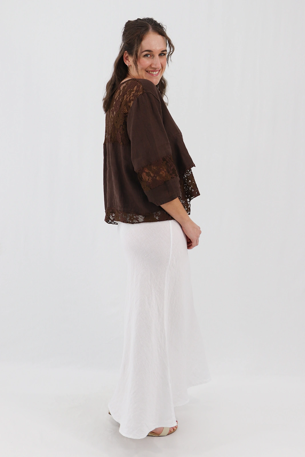 Aida Rose Linen Cosetta Lace Jacket Espresso Side