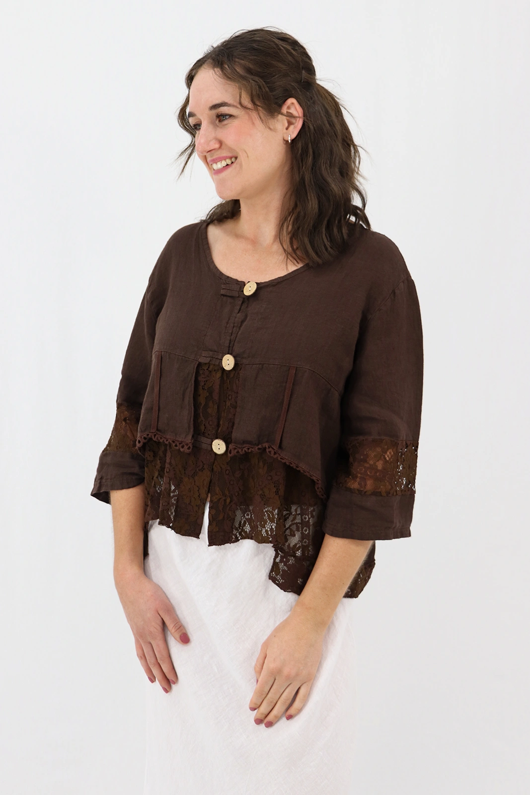 Aida Rose Linen Cosetta Lace Jacket Espresso Zoom