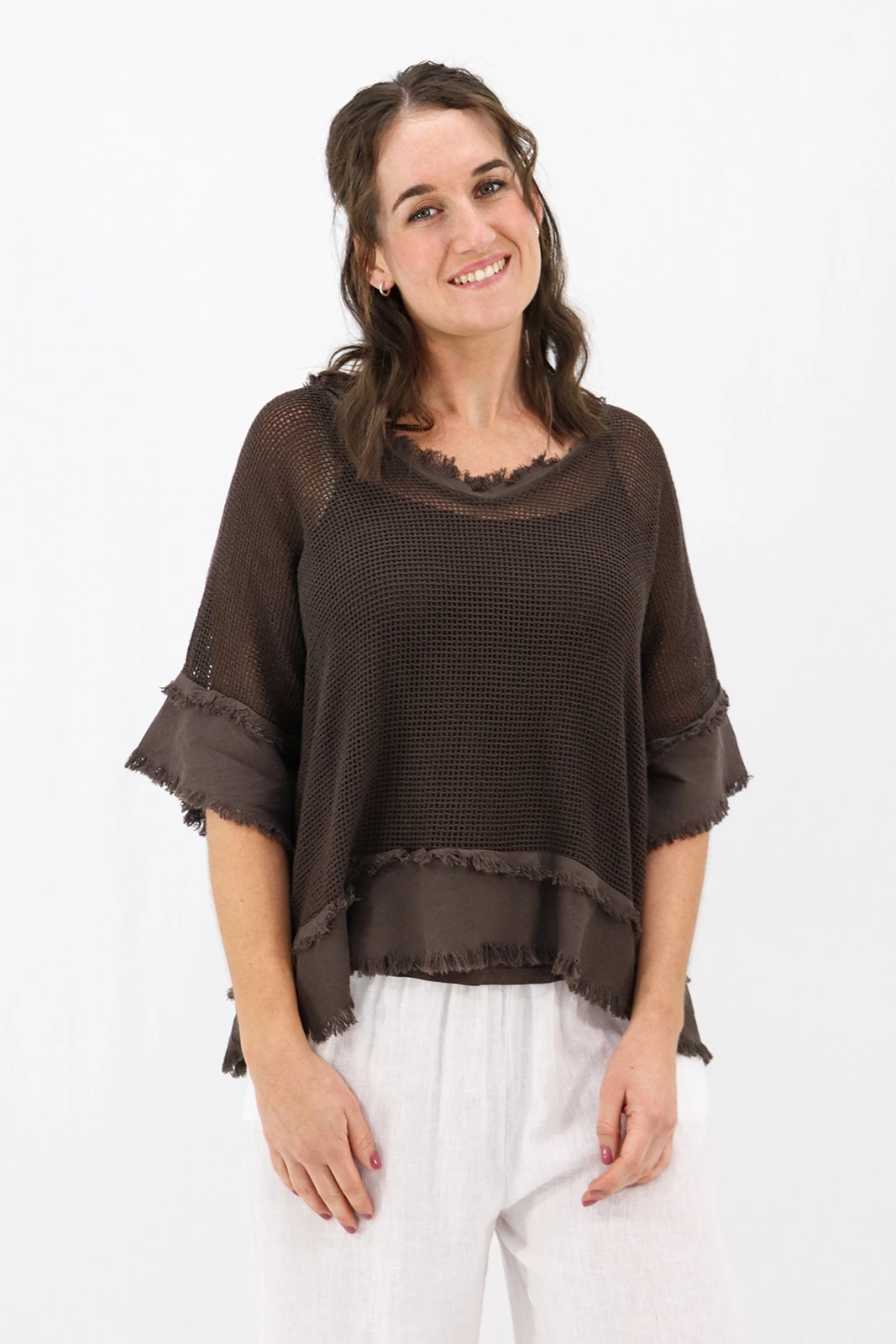 Aida Rose Cotton Madona 2pc Cotton Mesh Tee Espresso Front