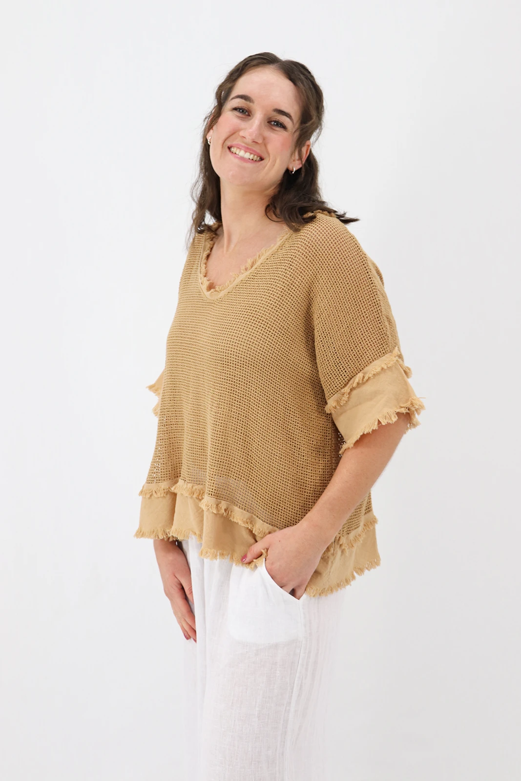 Aida Rose Cotton Madona 2pc Cotton Mesh Tee Tan Side