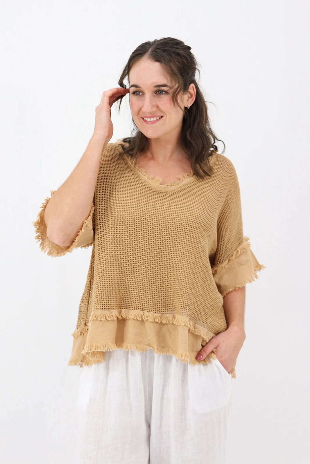 Aida Rose Cotton Madona 2pc Cotton Mesh Tee Tan Front