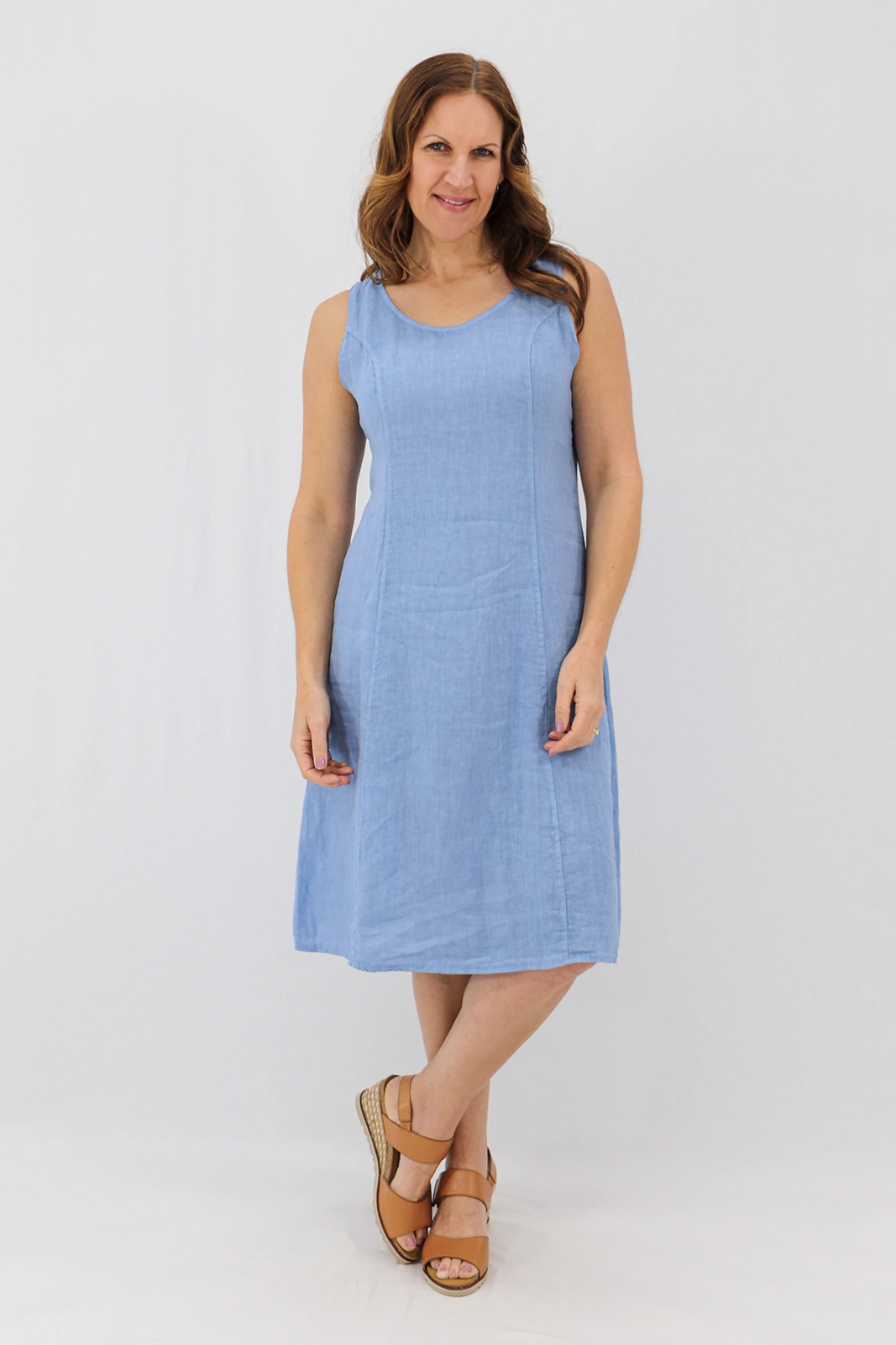 Aida Rose Linen Bellina Sleeveless Midi Denim Front