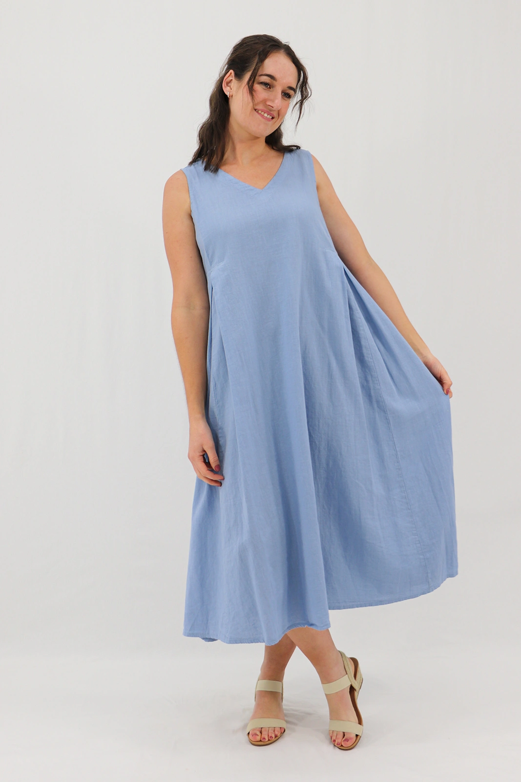Aida Rose Linen Caprise Pleated A-Line Dress Denim Front