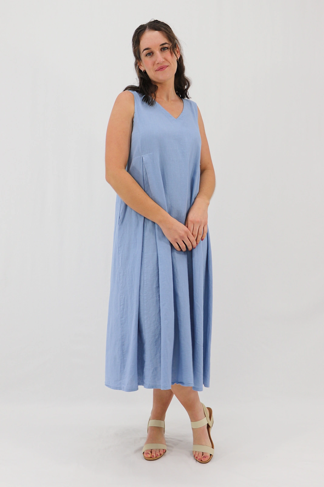 Aida Rose Linen Caprise Pleated A-Line Dress Denim