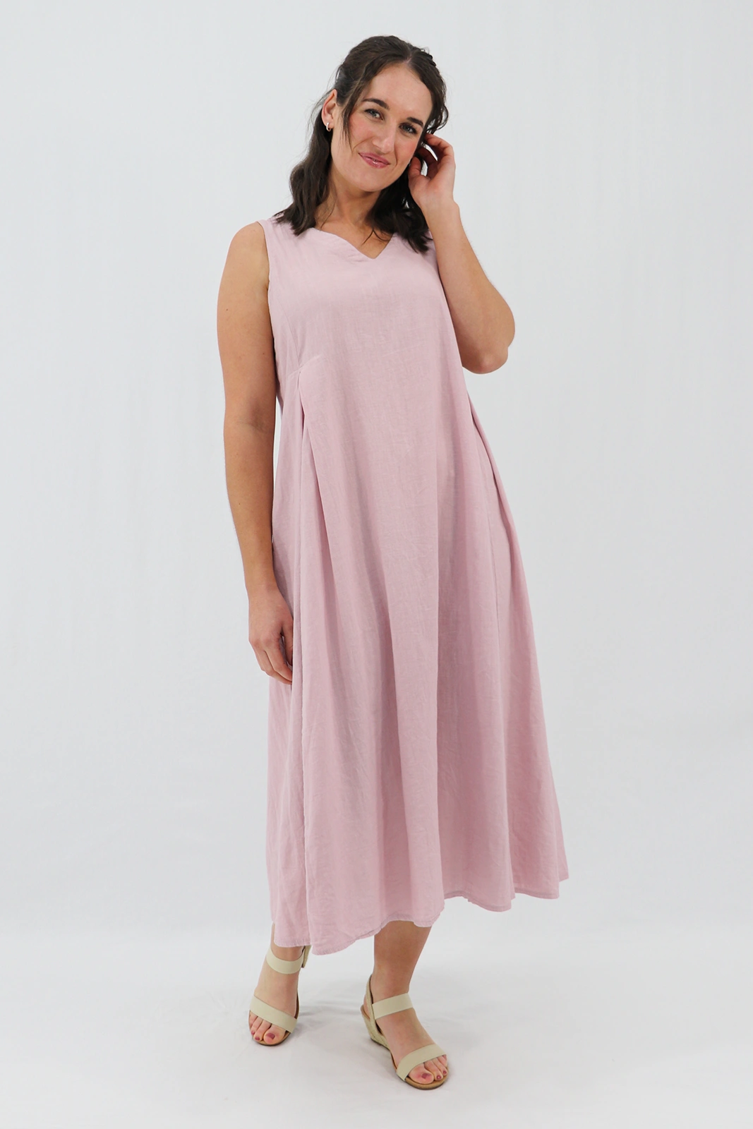 Aida Rose Linen Caprise Pleated A-Line Dress Antique Pink Front