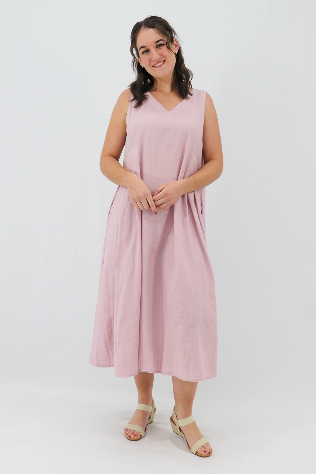 Aida Rose Linen Caprise Pleated A-Line Dress Antique Pink