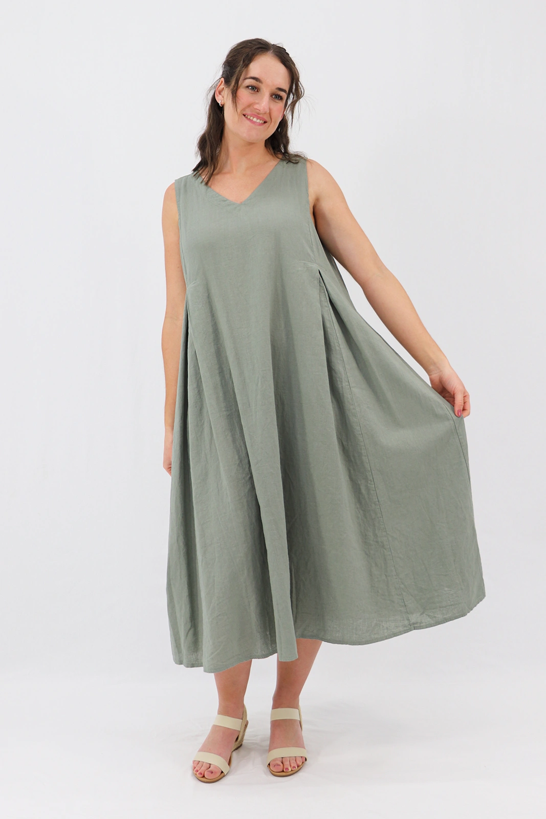 Aida Rose Linen Caprise Pleated A-Line Dress Khaki Front