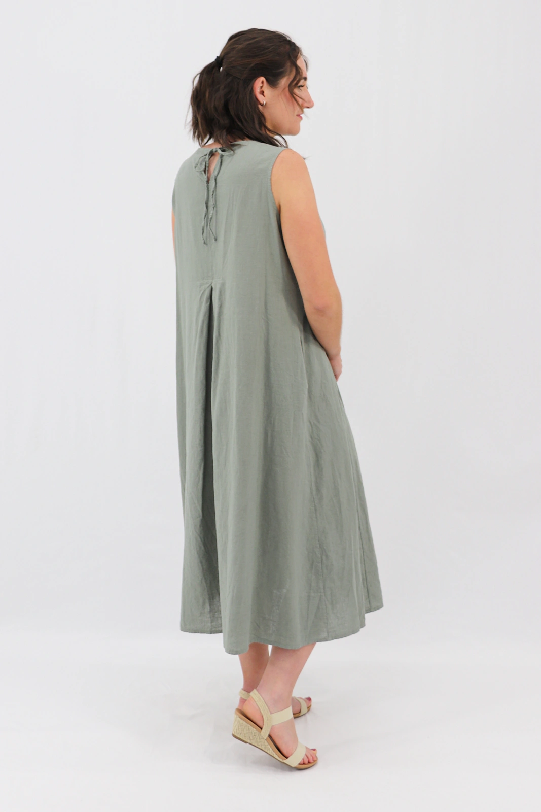 Aida Rose Linen Caprise Pleated A-Line Dress Khaki Model