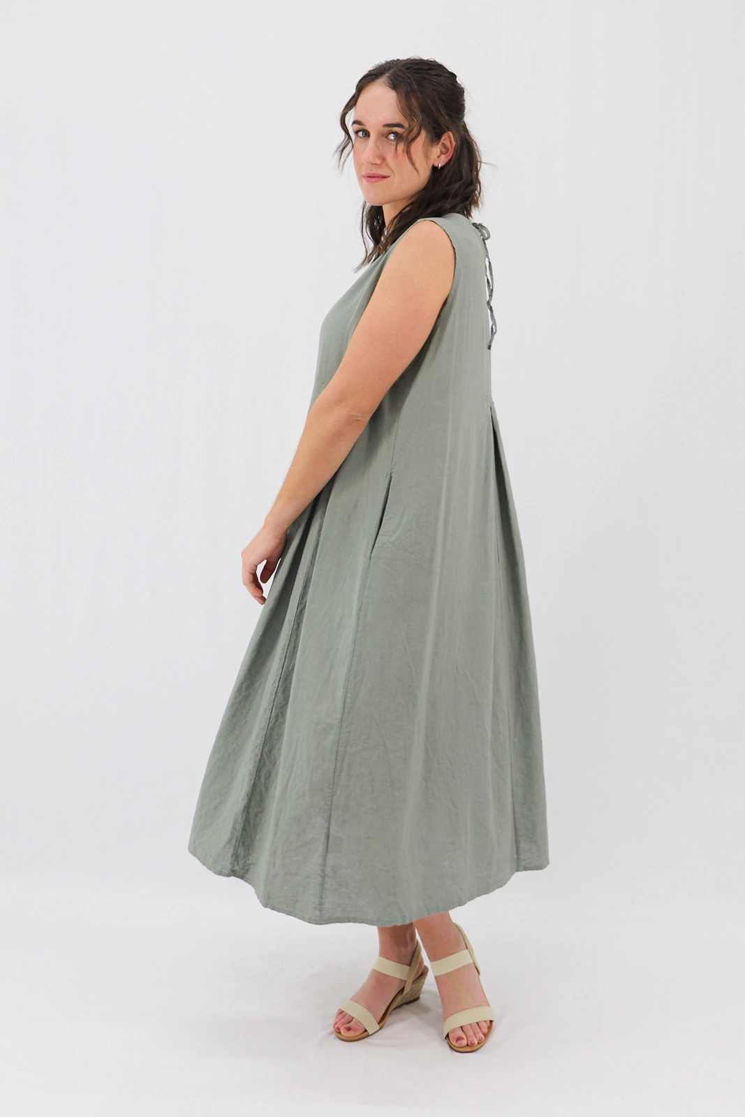 Aida Rose Linen Caprise Pleated A-Line Dress Khaki Side
