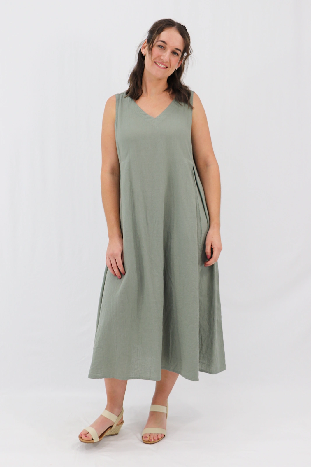 Aida Rose Linen Caprise Pleated A-Line Dress Khaki