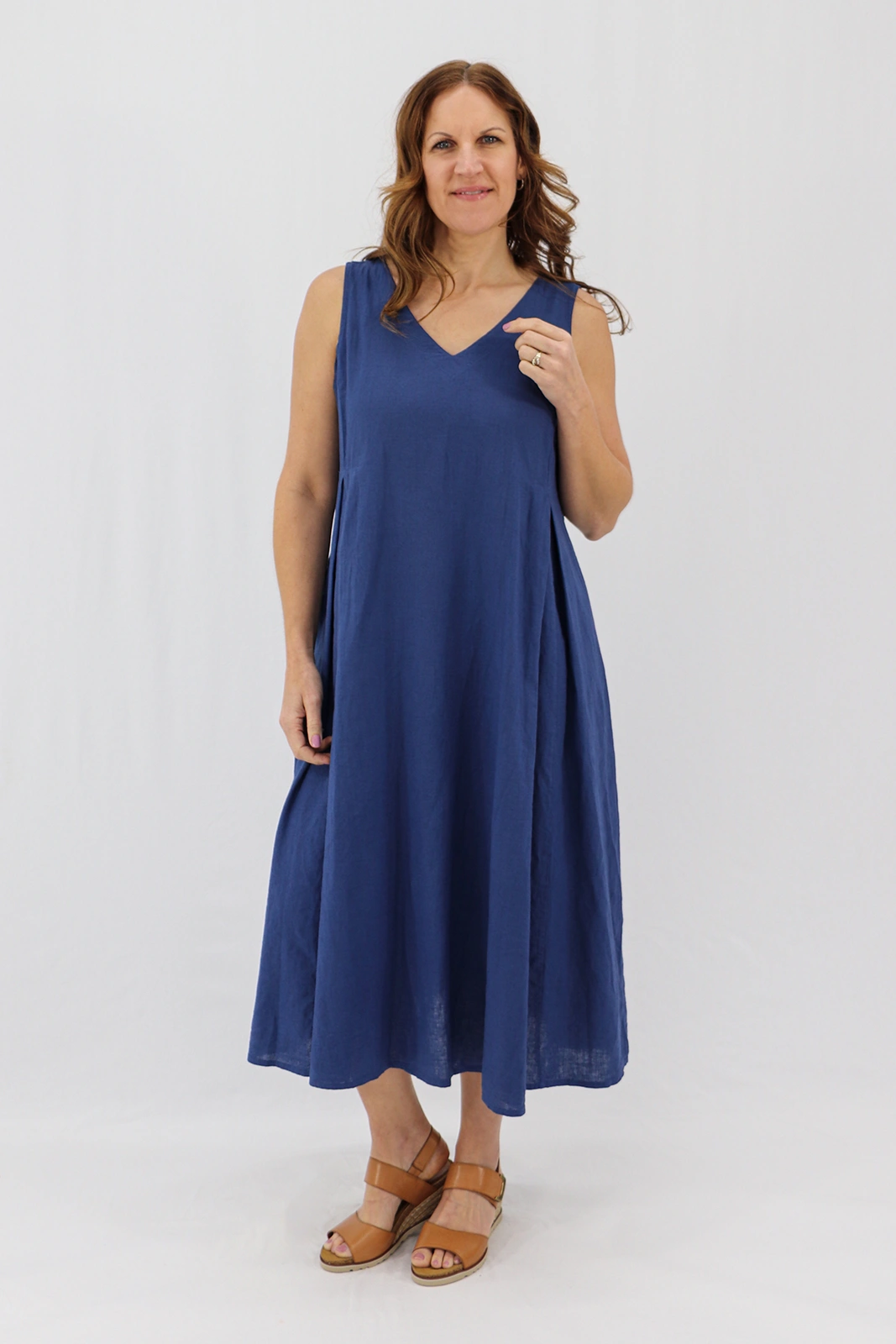 Aida Rose Linen Caprise Pleated A-Line Dress Navy Front