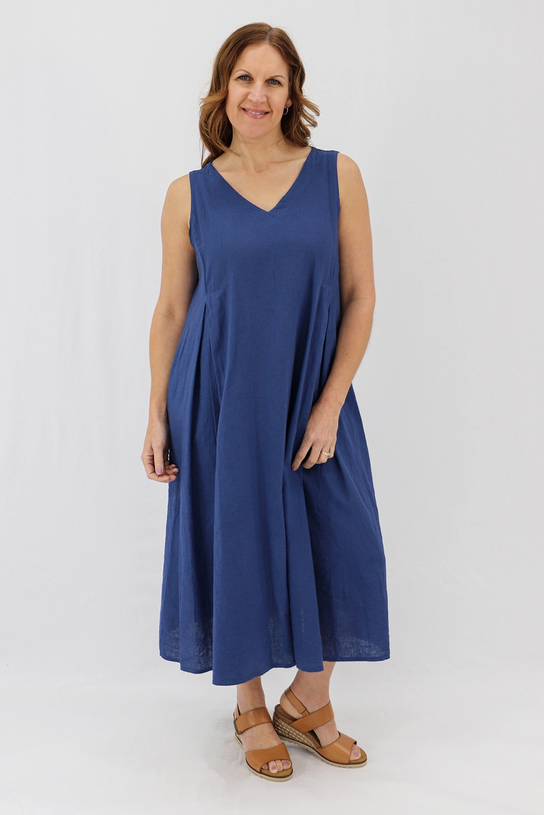 Aida Rose Linen Caprise Pleated A-Line Dress Navy