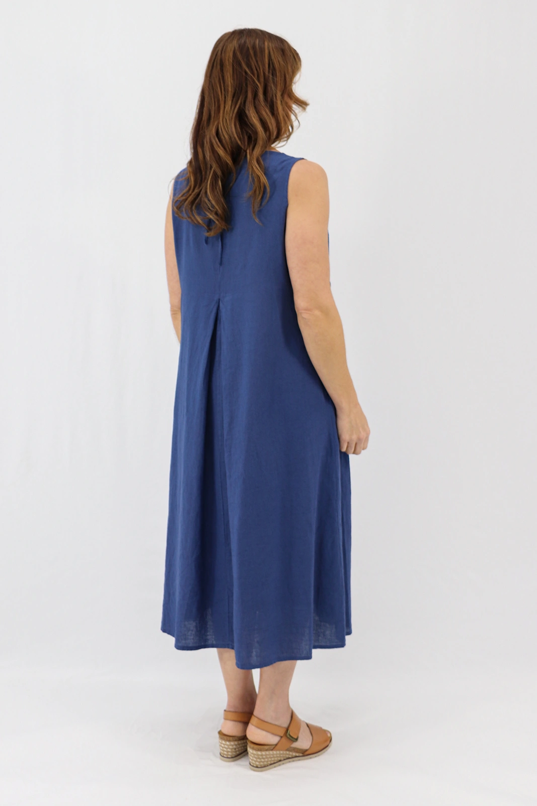 Aida Rose Linen Caprise Pleated A-Line Dress Navy Back
