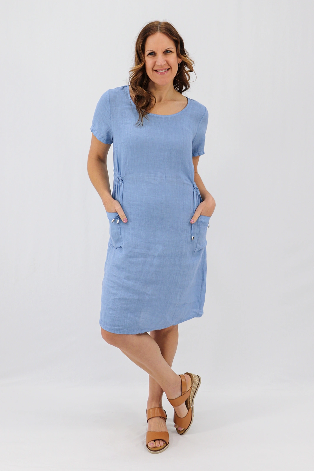 Aida Rose Linen Side Detail Midi Denim Front