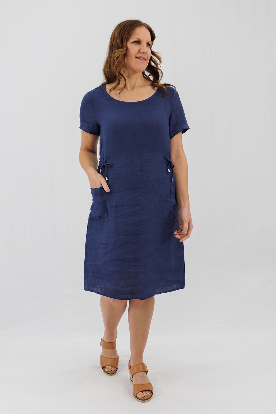 Aida Rose Linen Side Detail Midi Navy