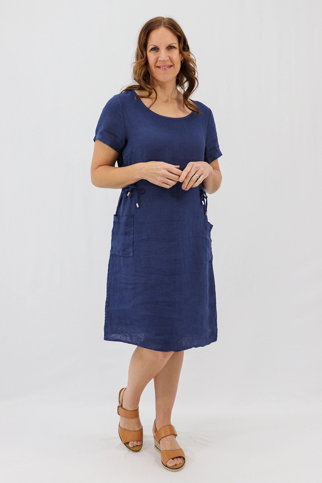 Aida Rose Linen Side Detail Midi Navy Front