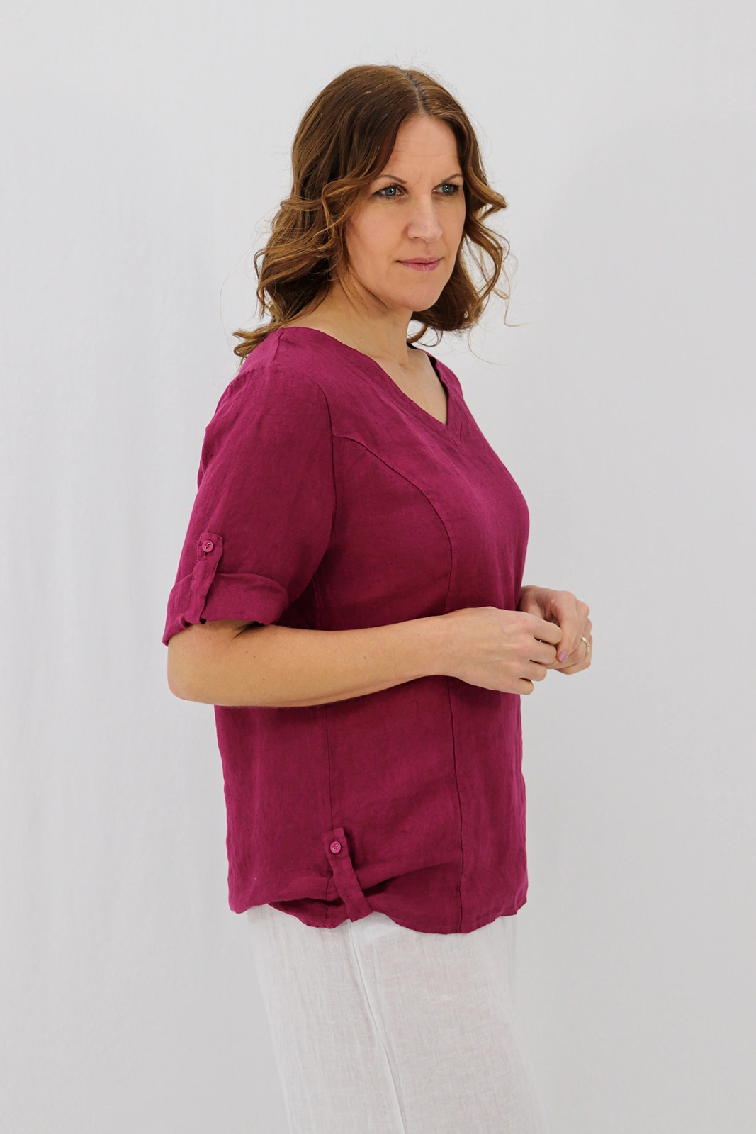 Aida Rose Linen Lunetta V-Neck Blouse Berry Side