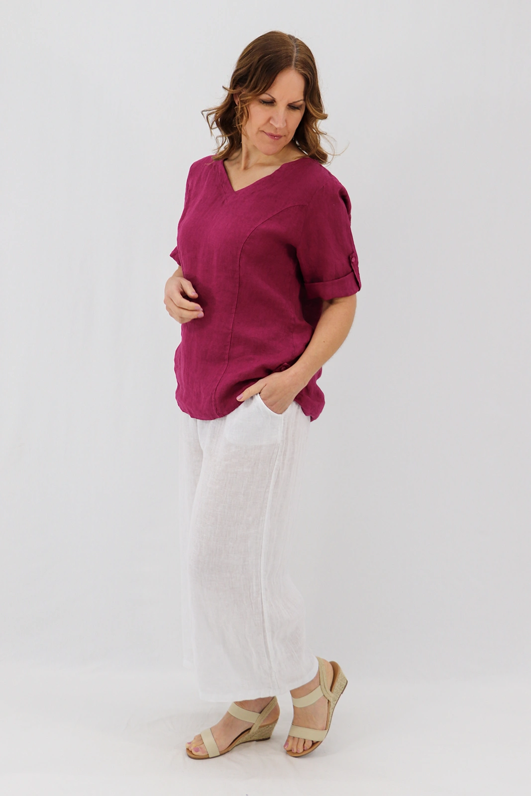 Aida Rose Linen Lunetta V-Neck Blouse Berry