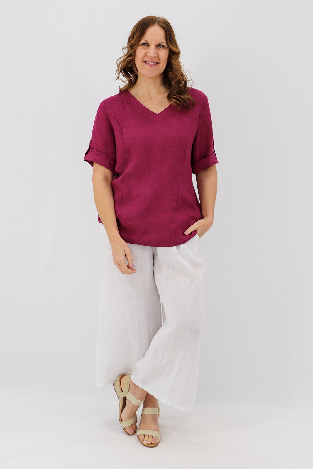 Aida Rose Linen Lunetta V-Neck Blouse Berry Front