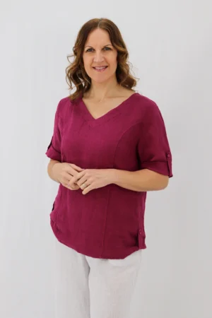 Aida Rose Linen Lunetta V-Neck Blouse Berry Zoom
