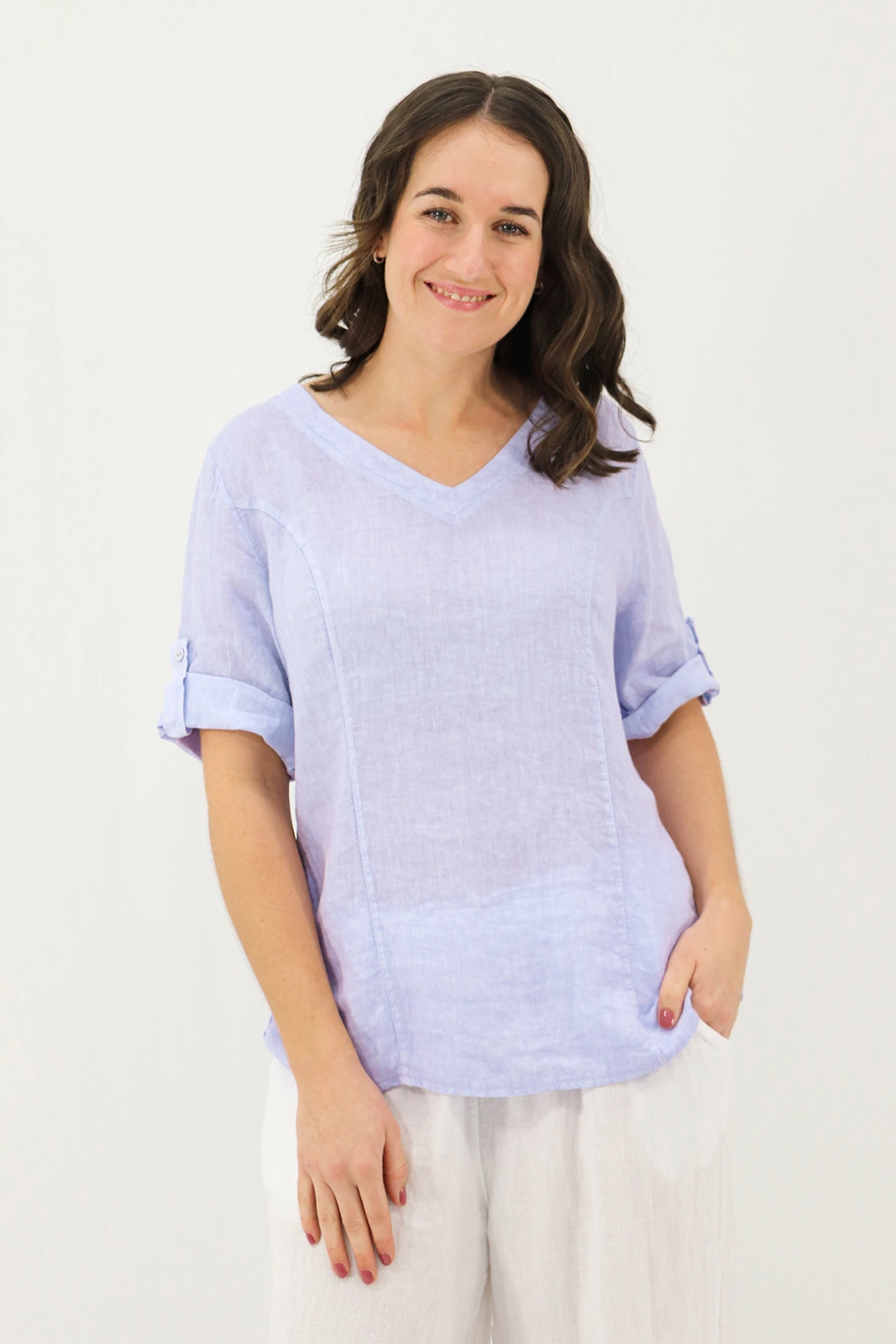 Aida Rose Linen Lunetta V-Neck Blouse Periwinkle