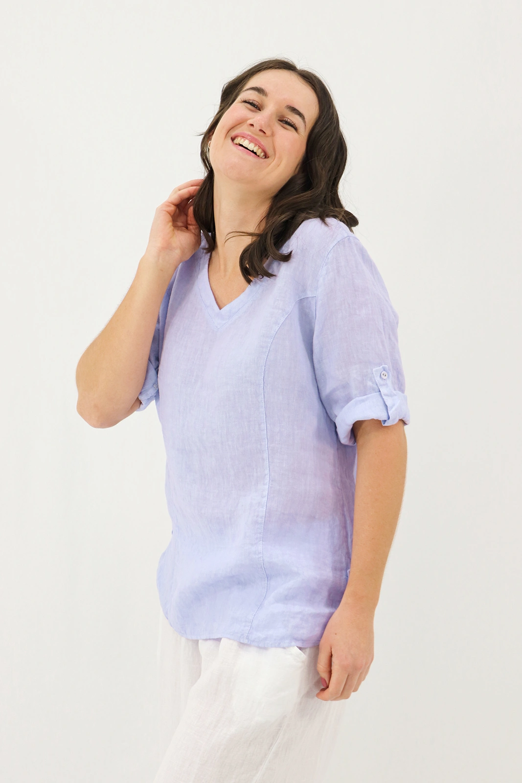 Aida Rose Linen Lunetta V-Neck Blouse Periwinkle Front