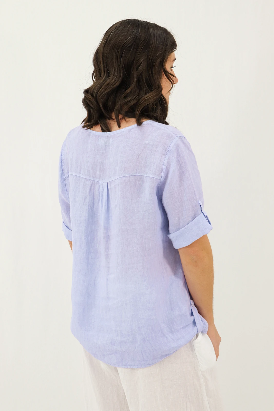 Aida Rose Linen Lunetta V-Neck Blouse Periwinkle Back