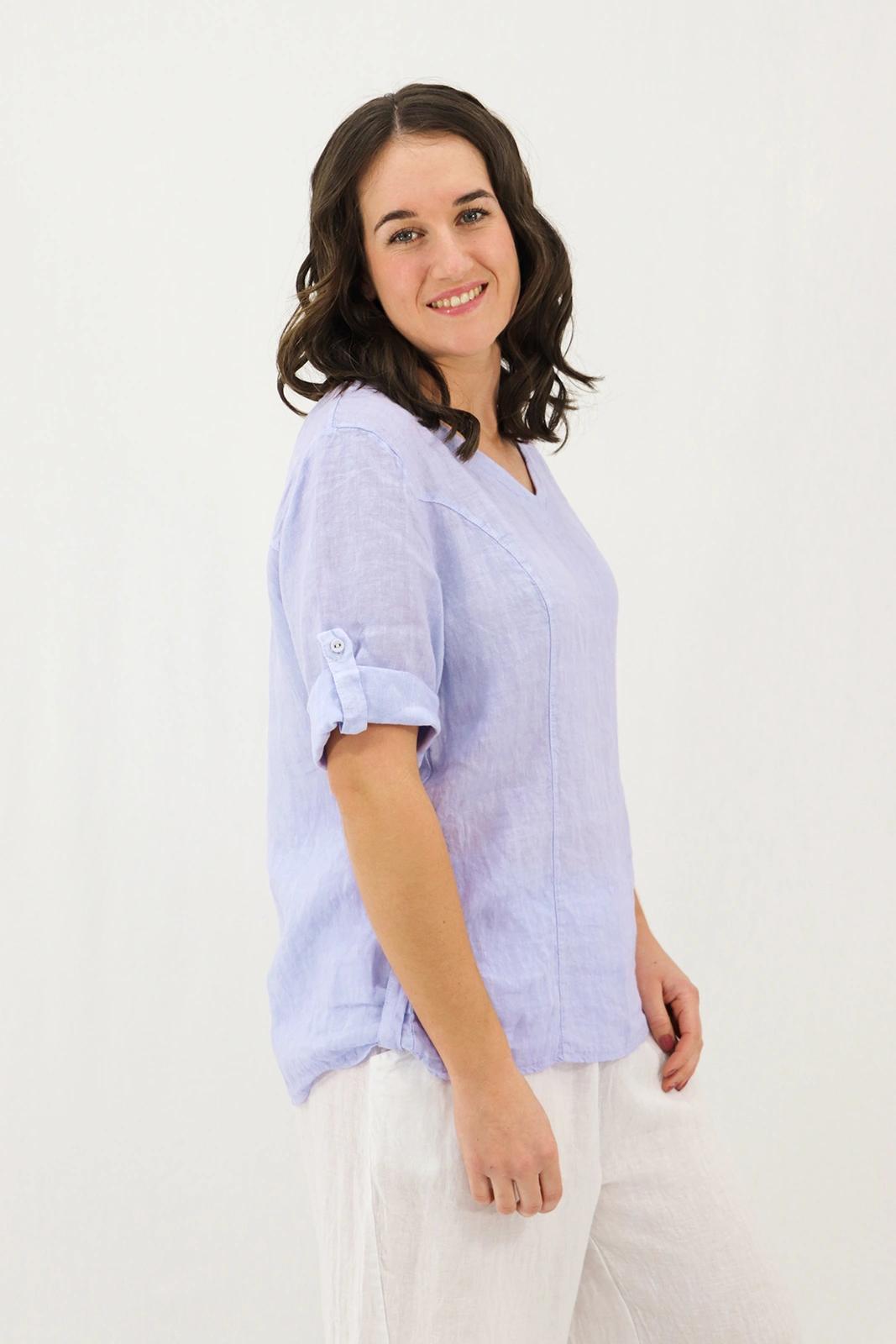 Aida Rose Linen Lunetta V-Neck Blouse Periwinkle Side