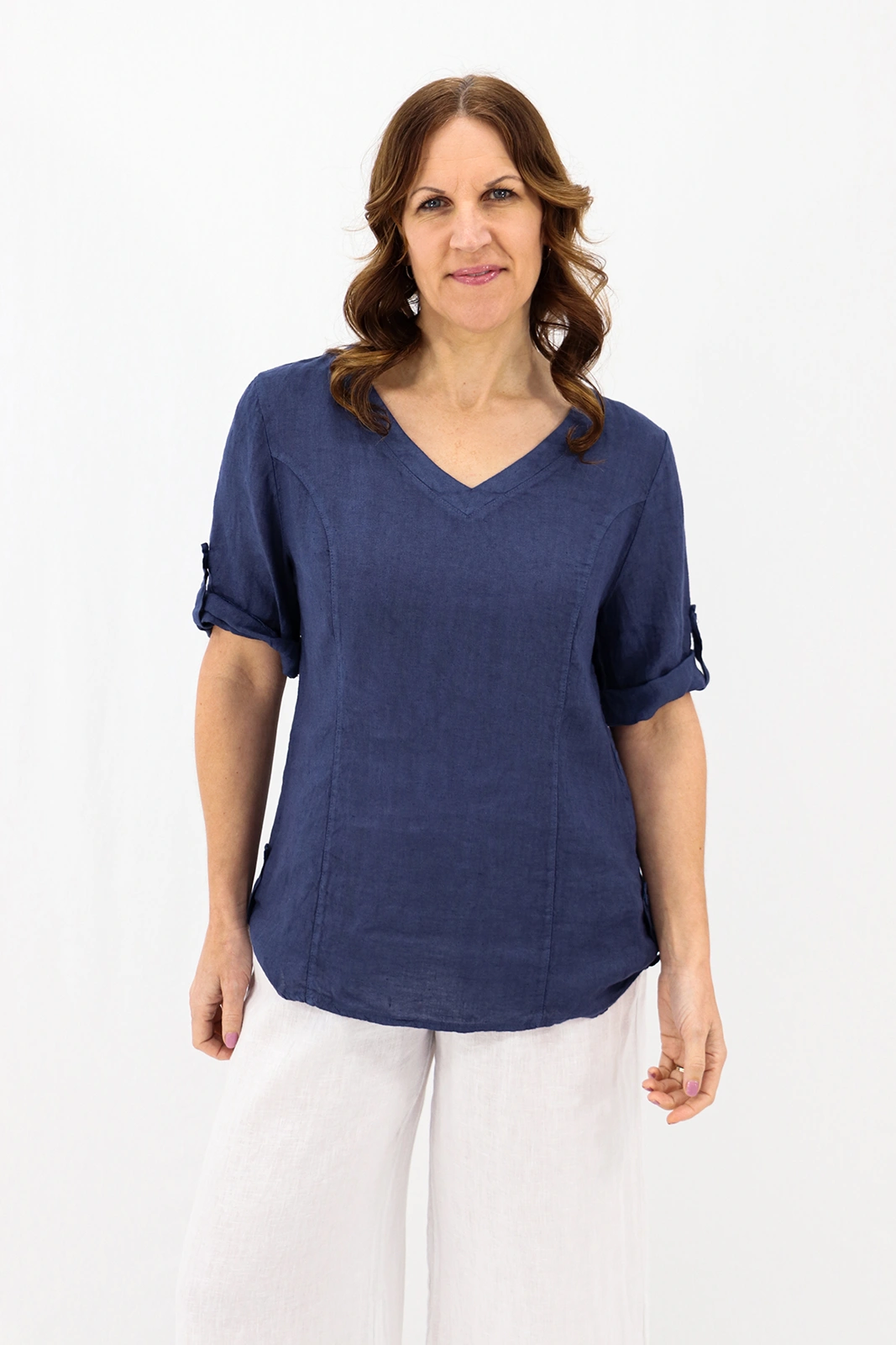 Aida Rose Linen Lunetta V-Neck Blouse Navy