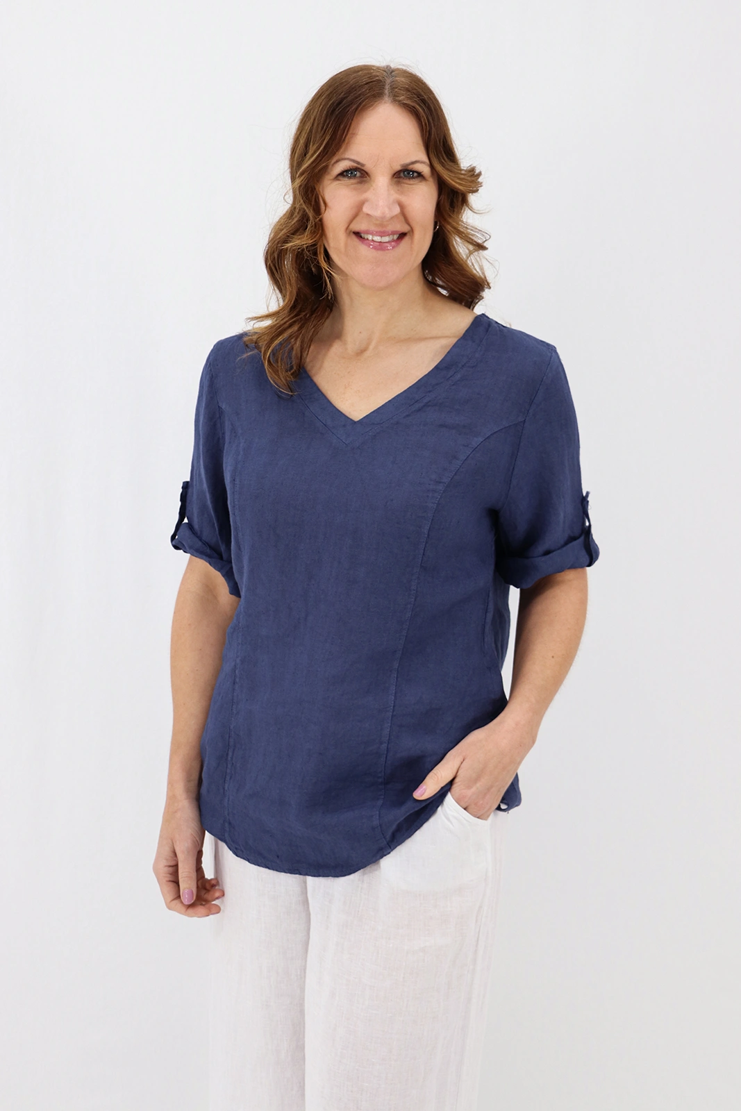 Aida Rose Linen Lunetta V-Neck Blouse Navy Side