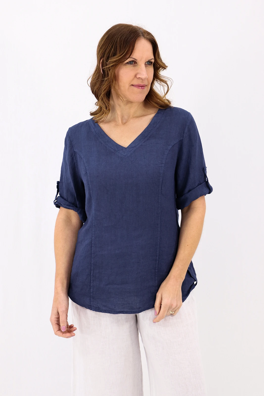Aida Rose Linen Lunetta V-Neck Blouse Navy Front