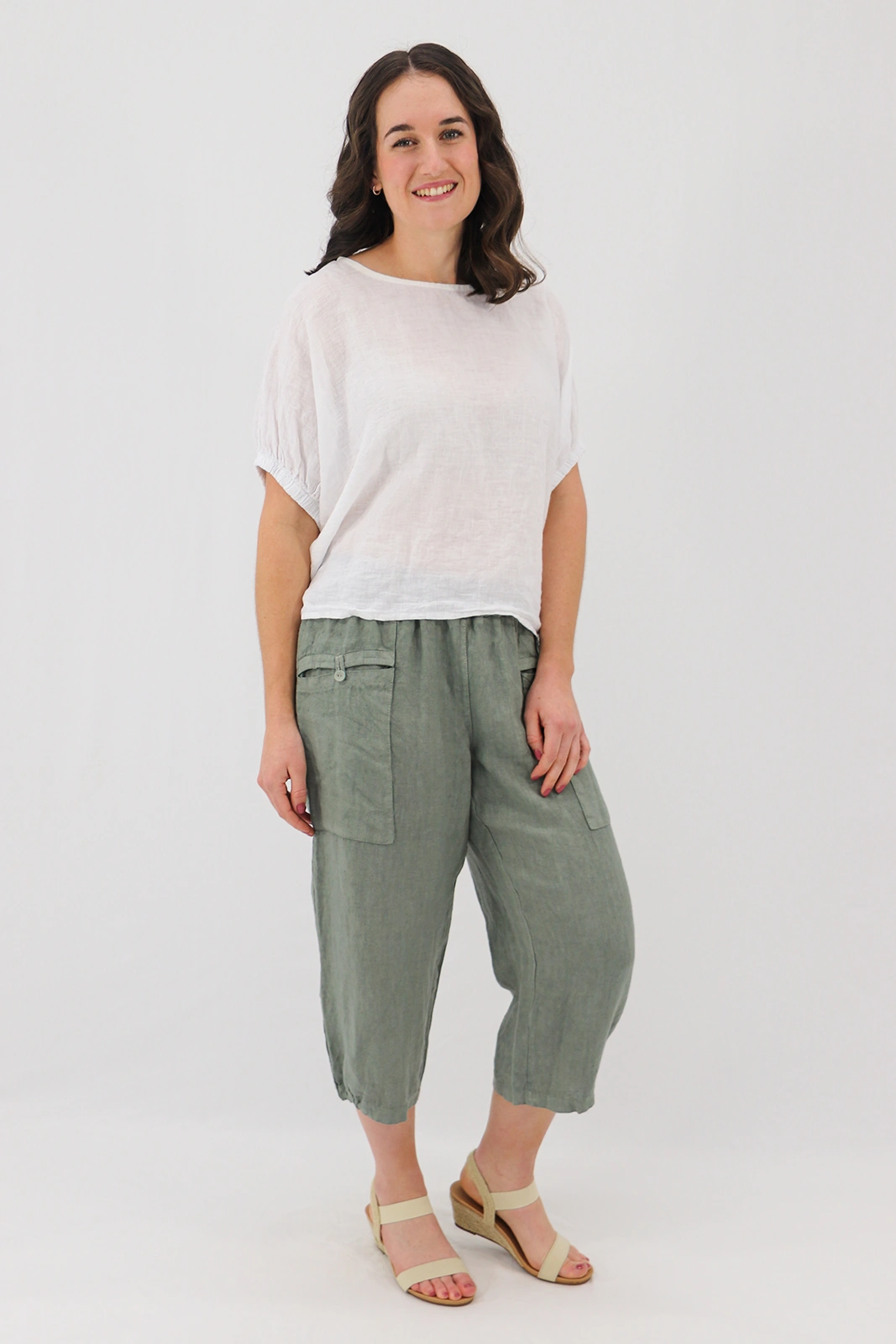 Aida Rose Linen Bambina 3/4 Casual Pants Khaki