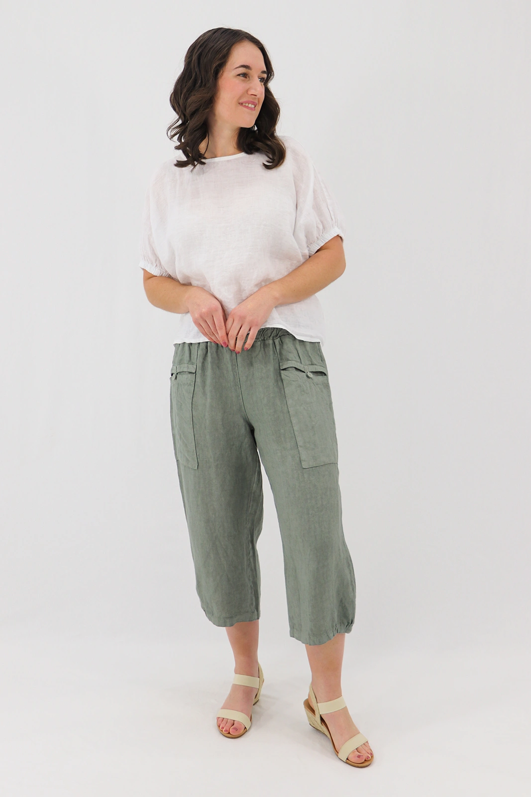 Aida Rose Linen Bambina 3/4 Casual Pants Khaki Front